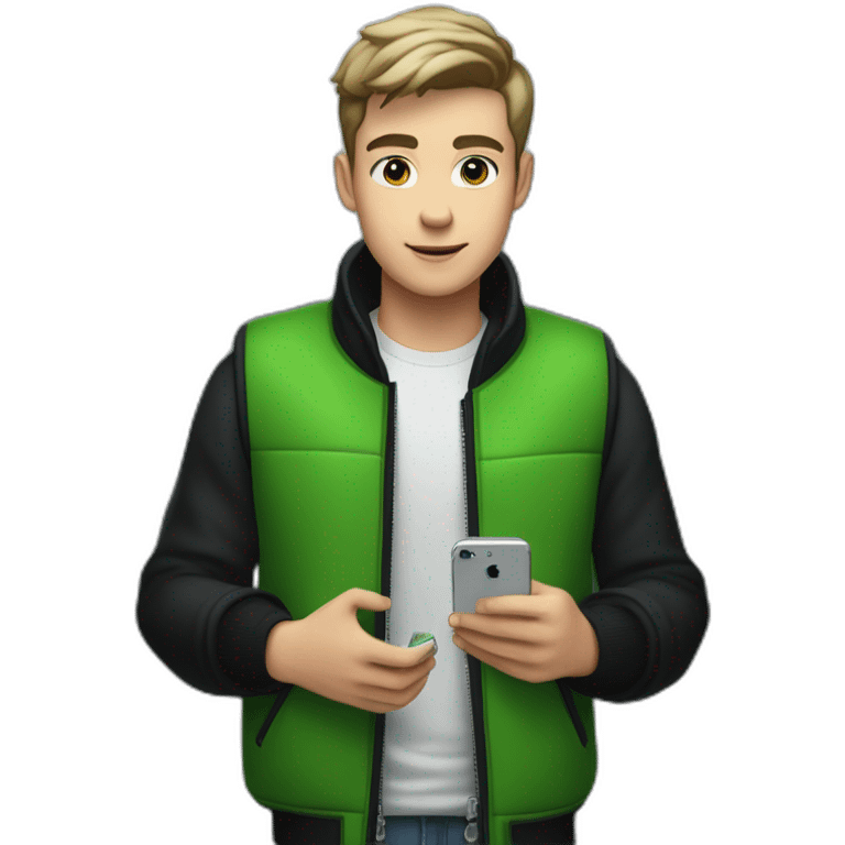 A 20-year-old boy with very short hair in a black jacket and vest stands in a green elevator, holding a white iPhone 14pro in his hand. emoji