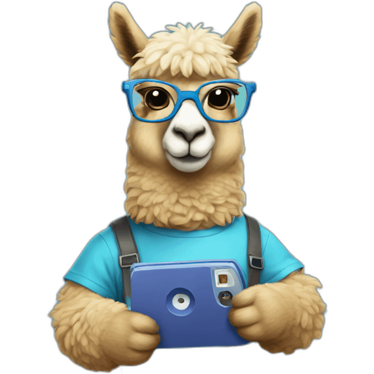 blue alpaca with glasses holding a gameboy emoji