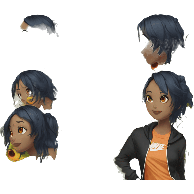 Lady with brunette and iridescent blue hair, gold, lime green dragon wings, black hoodie, bleach dyed, black and gold Nike t shirt, and bright red eyes emoji