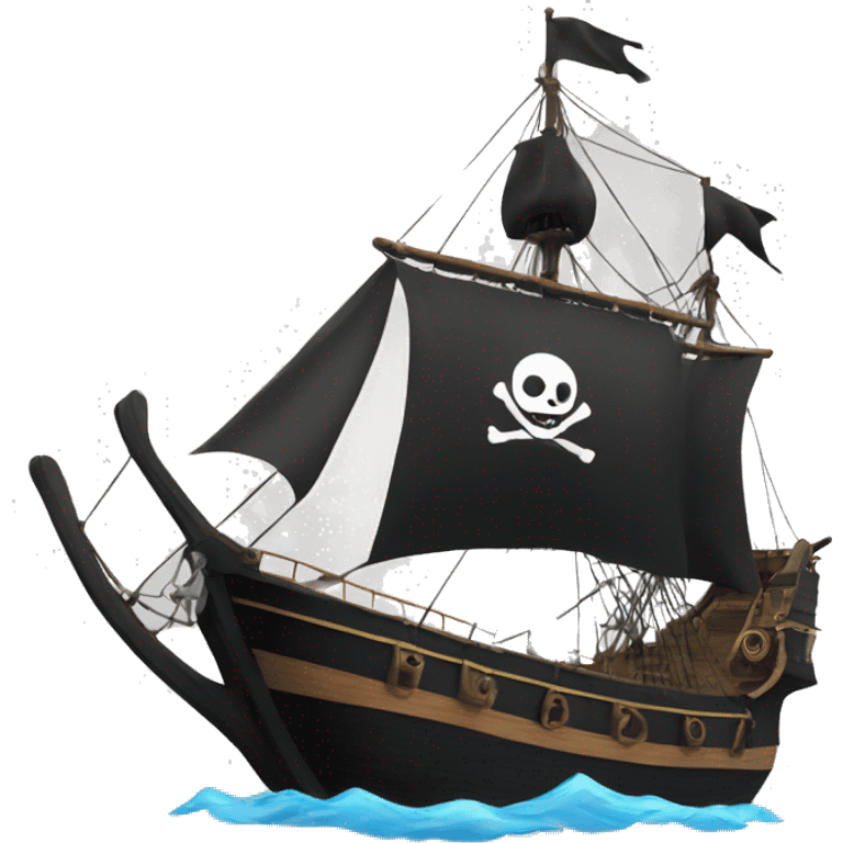 A sailing ship with a black body, black sails and black flag with the jolly roger emoji