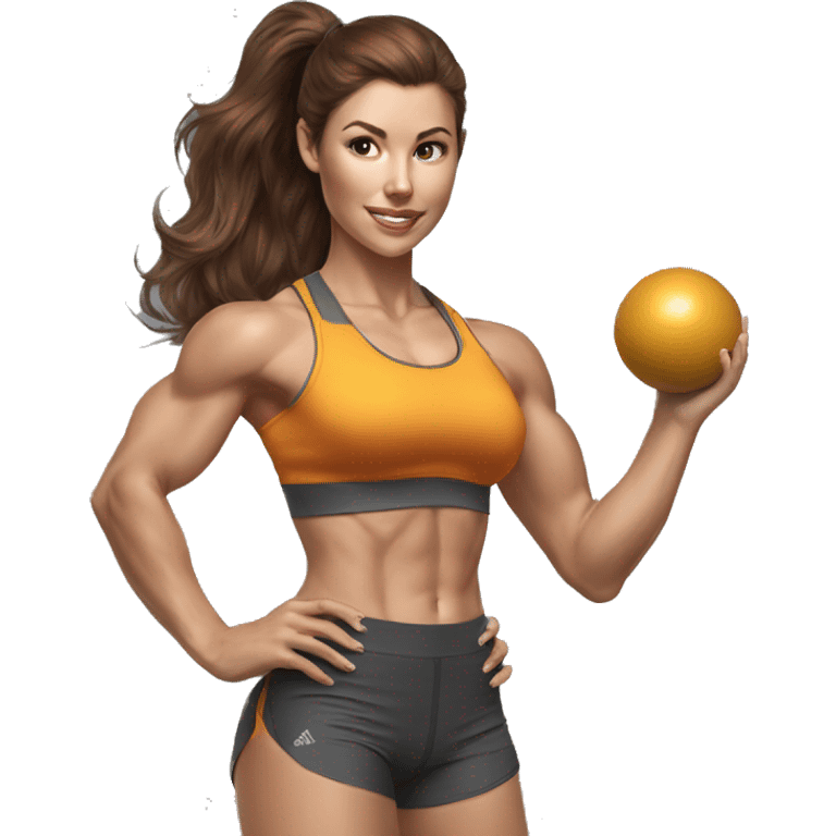 Hyperrealistic pencil drawing of athletic sexy girl with brown hair with kettlebell emoji