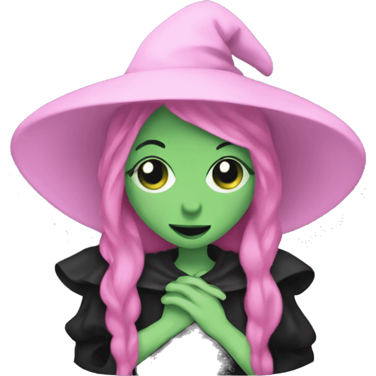 Witch dressed in black with green skin hugging pink dressed white witch emoji