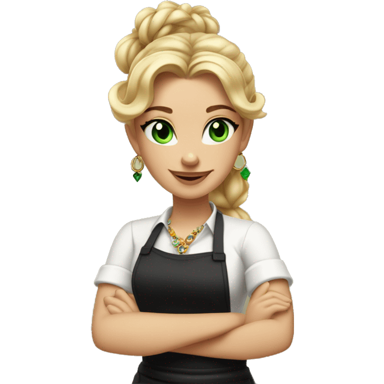 Waitress with white shirt and black apron, curly blonde hair in a pony tail, green eyes, lots of boho jewelry and bracelets  emoji