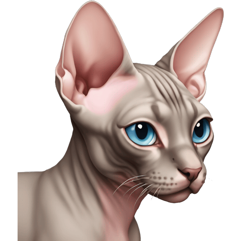 Dark grey brownish pinkish sphynx cat with dark face and light blue eyes emoji