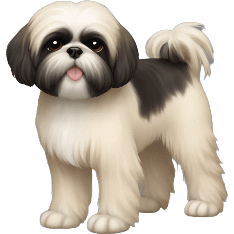 black Shih-Tzu cream chest and feet and bushy light eyebrows. He is a puppy  emoji