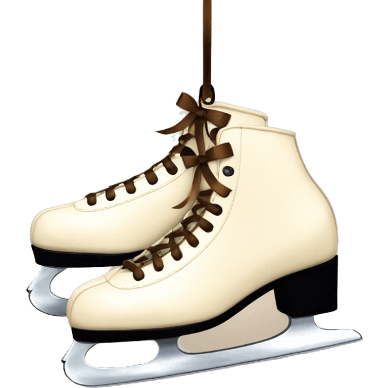 Cream color pair of ice skates hanging from a brown bow emoji