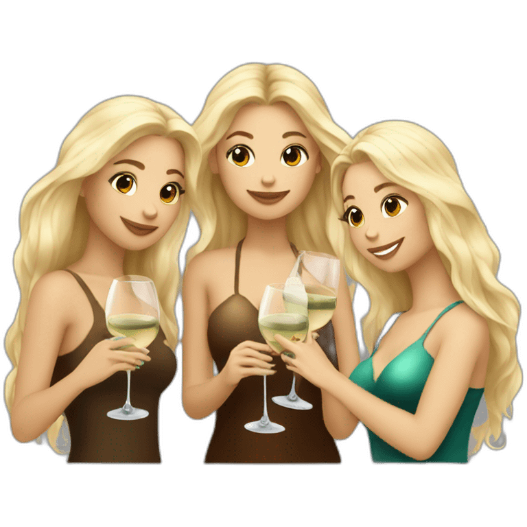 Three beautiful mermaids (one blond and two brown hair) drinking wine emoji