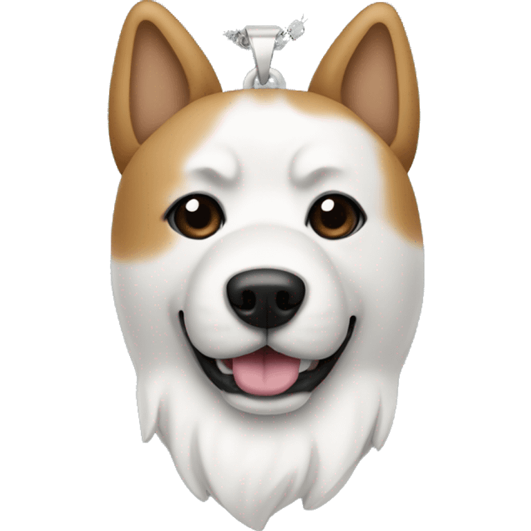 Dog akita, a necklace in the shape of a bone with Rocky written on it emoji