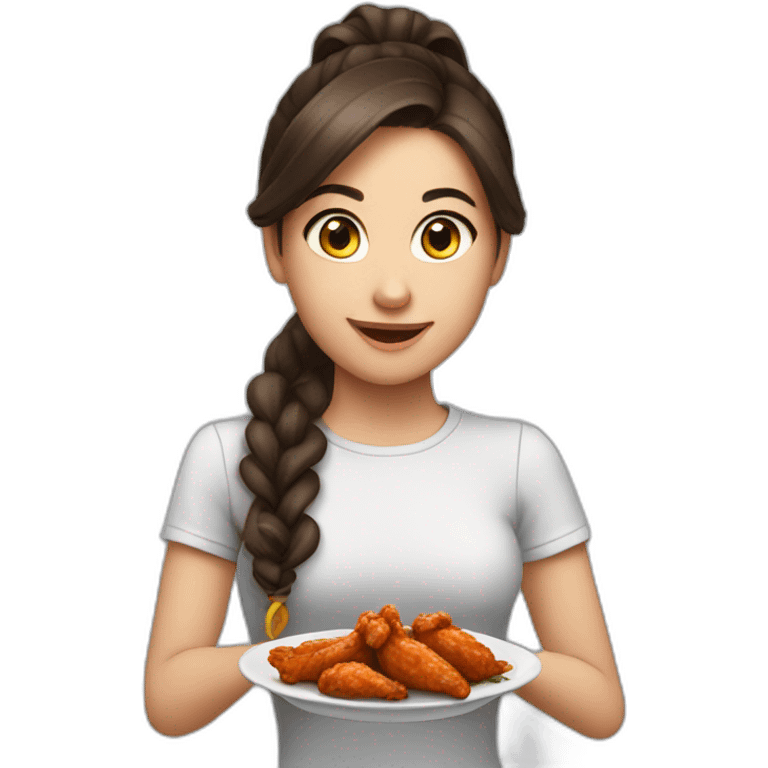 A brunette girl with long hair in a ponytail , eating chicken wings  emoji