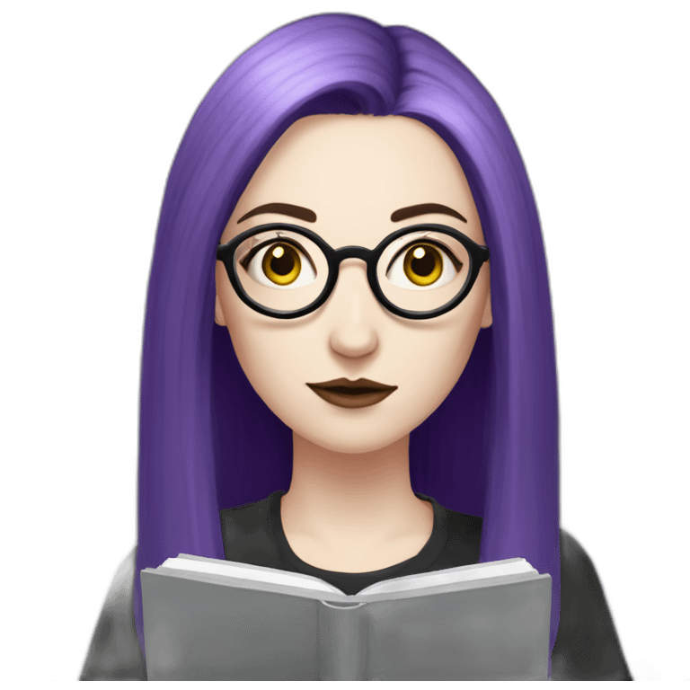 goth woman with long side parted purple hair and oval glasses, pale skin, taking notes on a tablet emoji