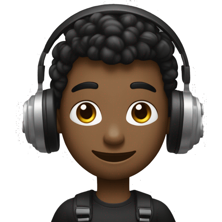 CHICO DE PELO NEGRO OJOS NEGROS Y CAMISETA NEGRA EN FORMA CON UNOS CASCOS DE MUSICA BLANCOS Y UNA PESA DEL GYM EN LA MANO emoji