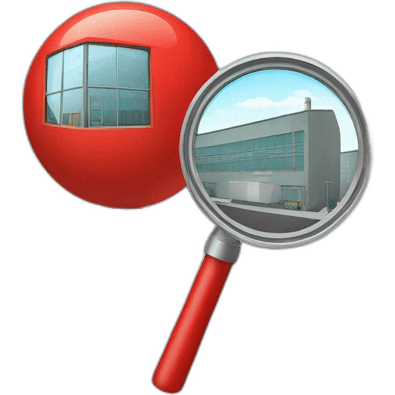 red magnifying glass looking at a factory emoji