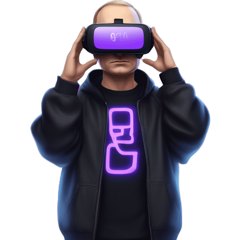 Putin wearing a black hoodie with "OMG" letters on it and VR headset oculus quest 2 in a cyberpunk VR environment with violet neon lighting. emoji