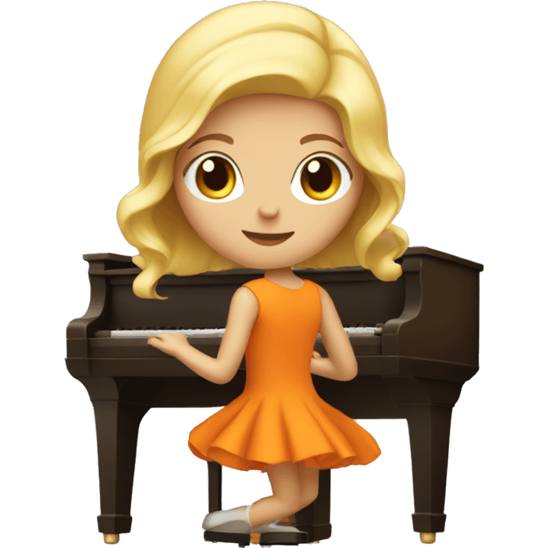 Blonde girl wearing an orange dress playing a brown upright piano emoji