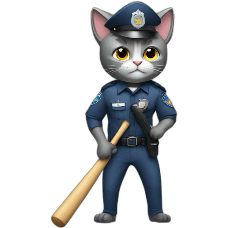 grey cat in a police uniform holding a baseball bat emoji