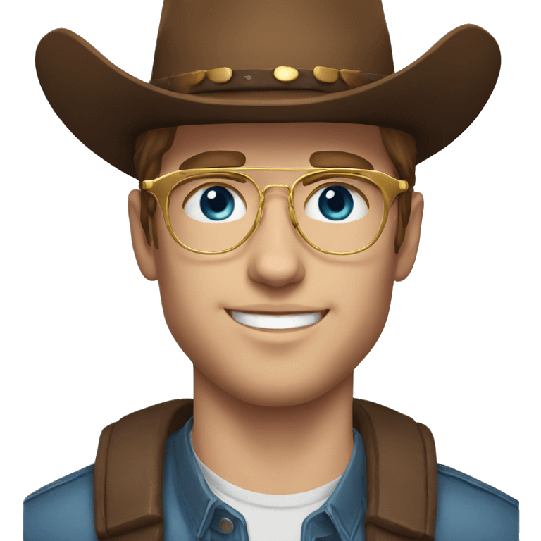 Realistic white man with golden glasses, blue eyes, and brown hair,20 years old, no bear, with a cowboy hat emoji