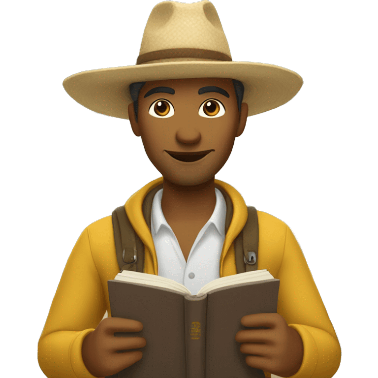 mexican tourism host, wearing adventure clothes, with not too dark brown skin, reading a book  emoji