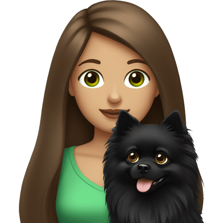 girl with brown long hair, green eyes holding a black Pomeranian spitz dog emoji