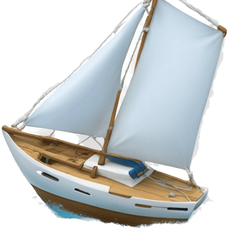 A white catamaran with blue sails, sailing, the boat is called CAT BALLOU and that is written on the side emoji