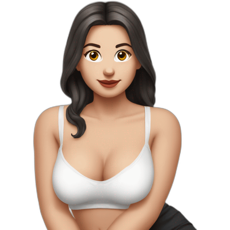 Front view full body curvy caucasian beauty sitting straight hands up black skirt white knickers white socks emoji