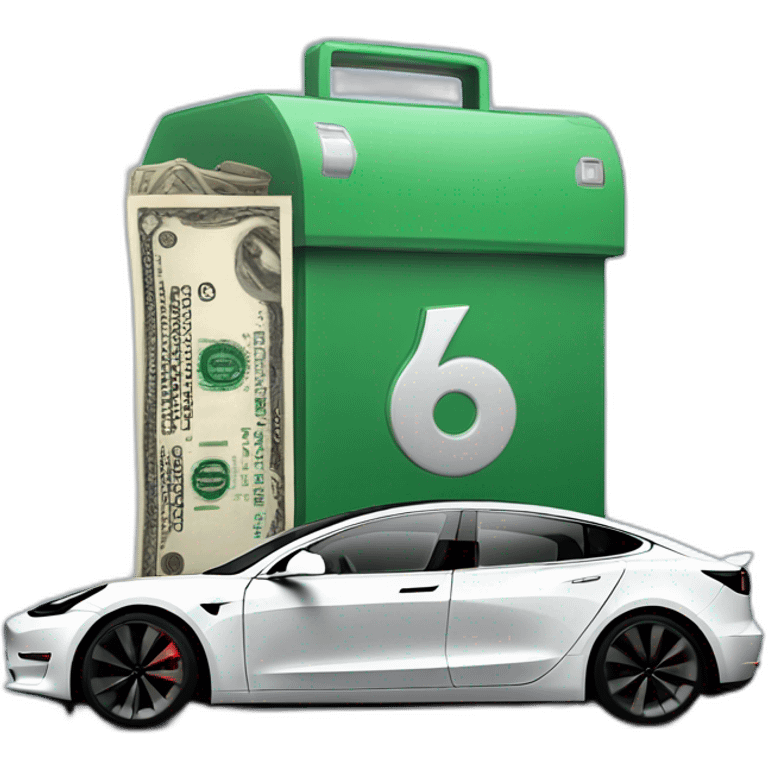 A Tesla Model 3, with a cash box in front emoji