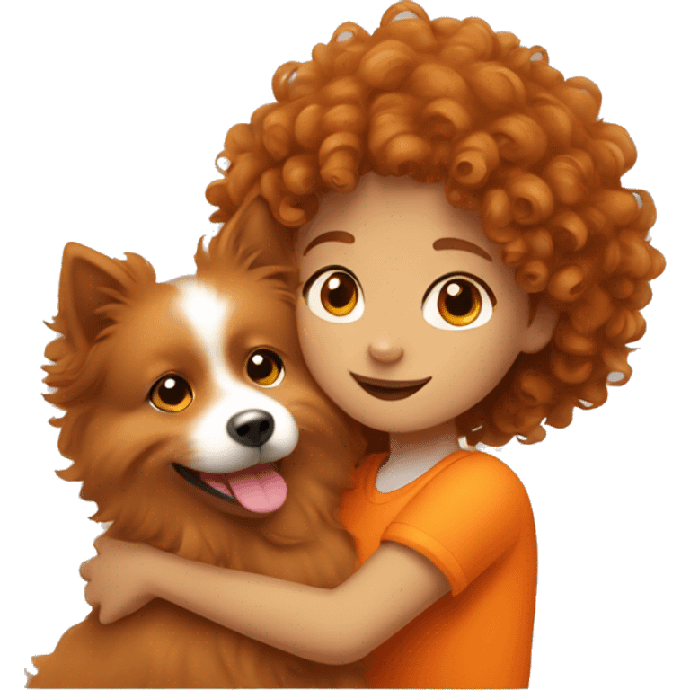 Girl with curly brown hairs hugs orange spitz  emoji