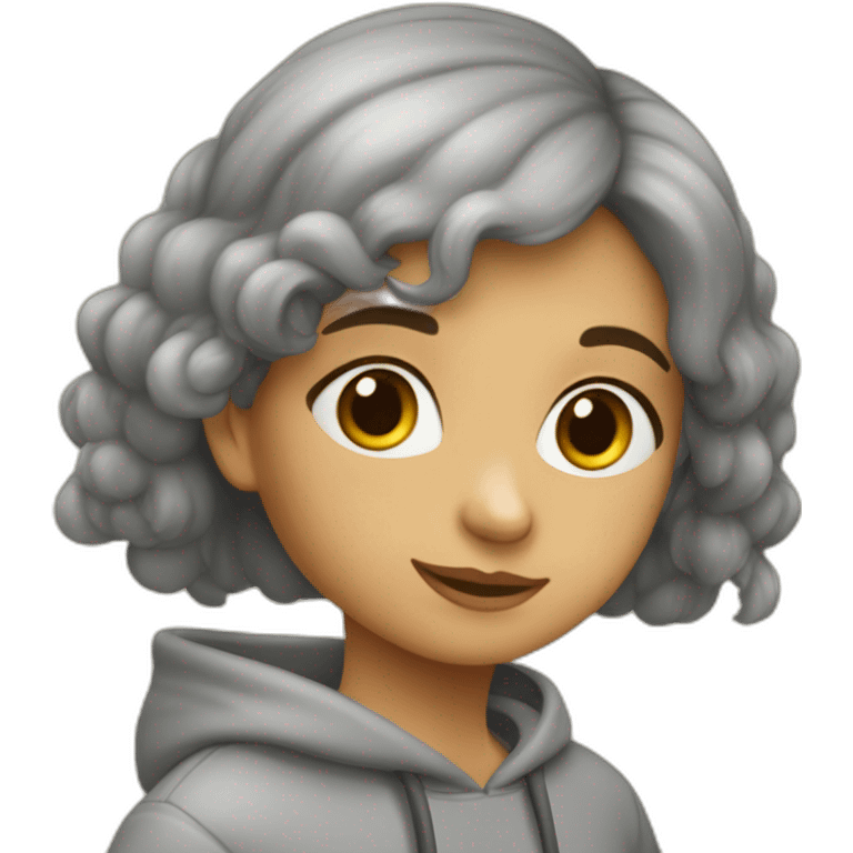 Niña pelo largo castaño con sudadera gris emoji