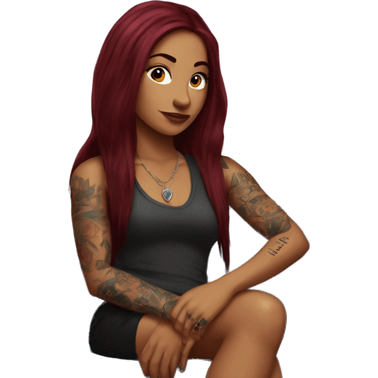 Beautiful tattooed burgundy long haired woman sitting on couch emoji