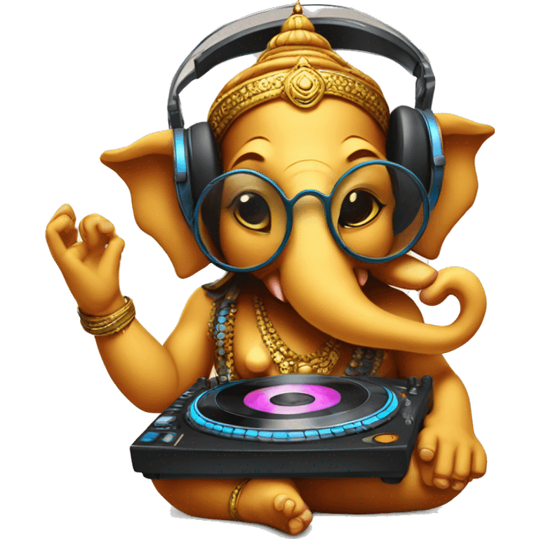 ganesha with goggles and playing DJ with music emoji