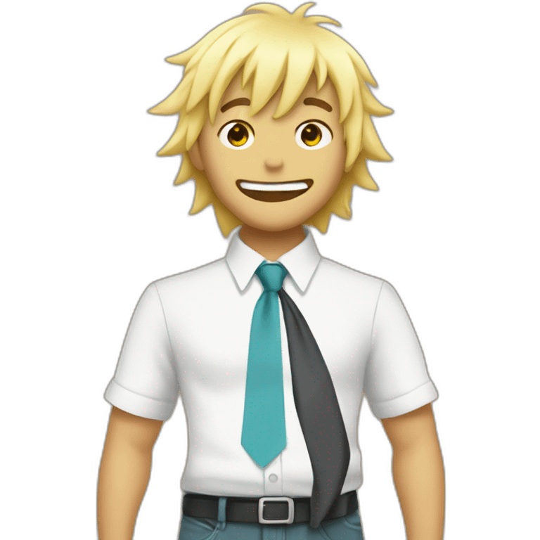 Denji with his blond hair in a shaggy style, brown eyes, with his shark teeth, is smiling evil and with a shirt with a tie from chainsawman emoji