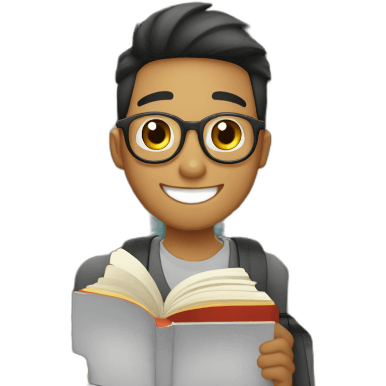 joven estudiante de piel blanca con todos sus libros y su mascota riendo y muy feliz emoji