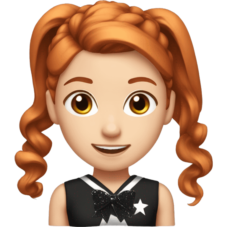 Redhead girl wearing black sparkly all star cheer uniform with a high ponytail with a bow  emoji