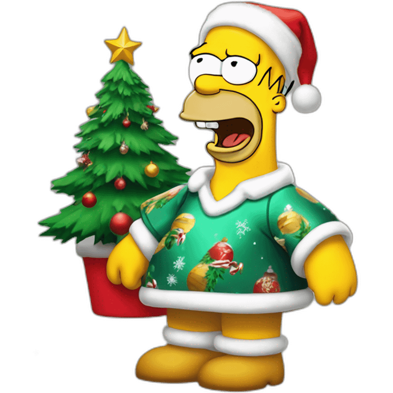 happy Homer Simpson with cristmas dress and cristmas tree emoji