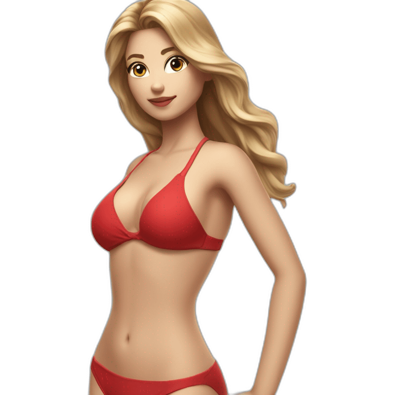 Sexy pose soft curvy woman Dark blond hair blue eyes red bikini (beach body) realism emoji