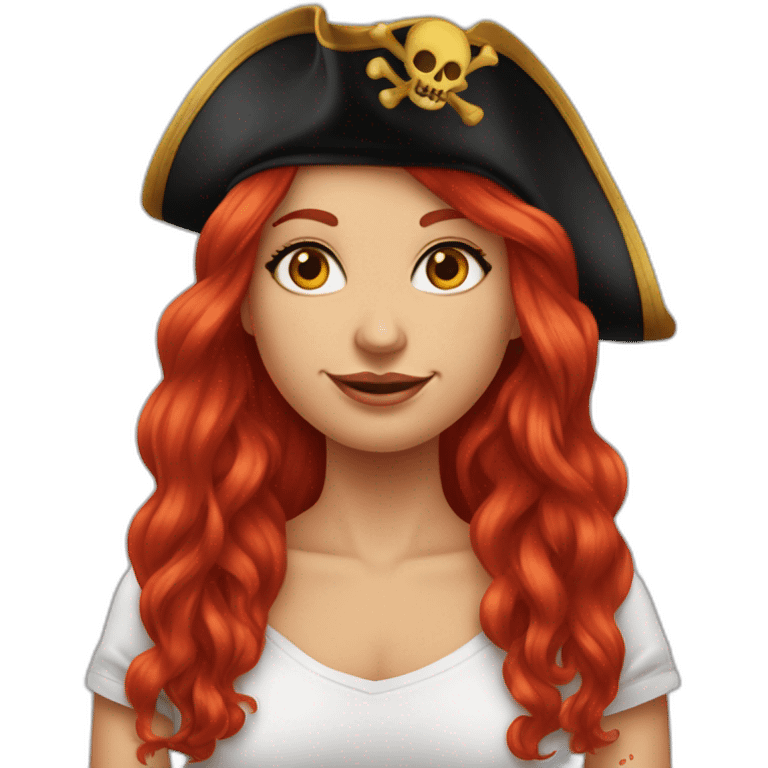 Woman long red hair. Hair hanging to one side only and hairstlye is a single platt, tattoo on side of head.  pirate hat. skull and crossbones t shirt emoji