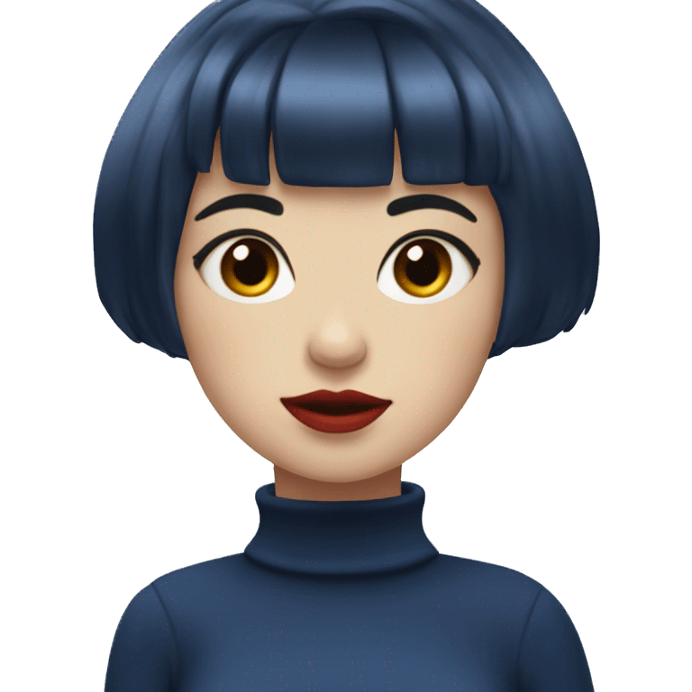 Girl with short dark blue hair and bangs, red lips, wearing a white turtleneck emoji