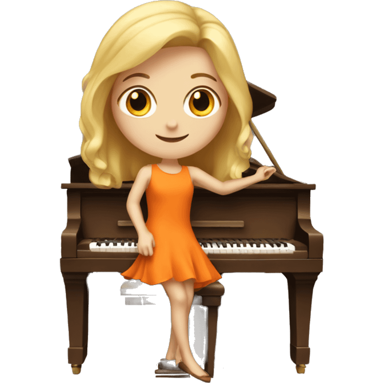 Blonde girl wearing an orange dress playing a brown upright piano emoji