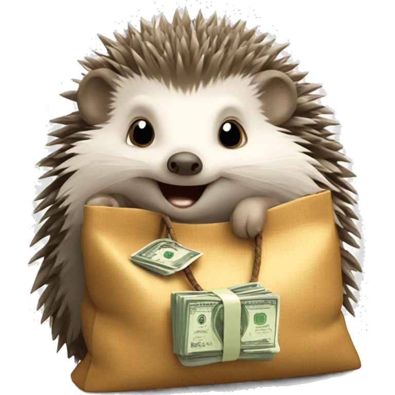 A cute hedgehog is sitting with a bag of money emoji