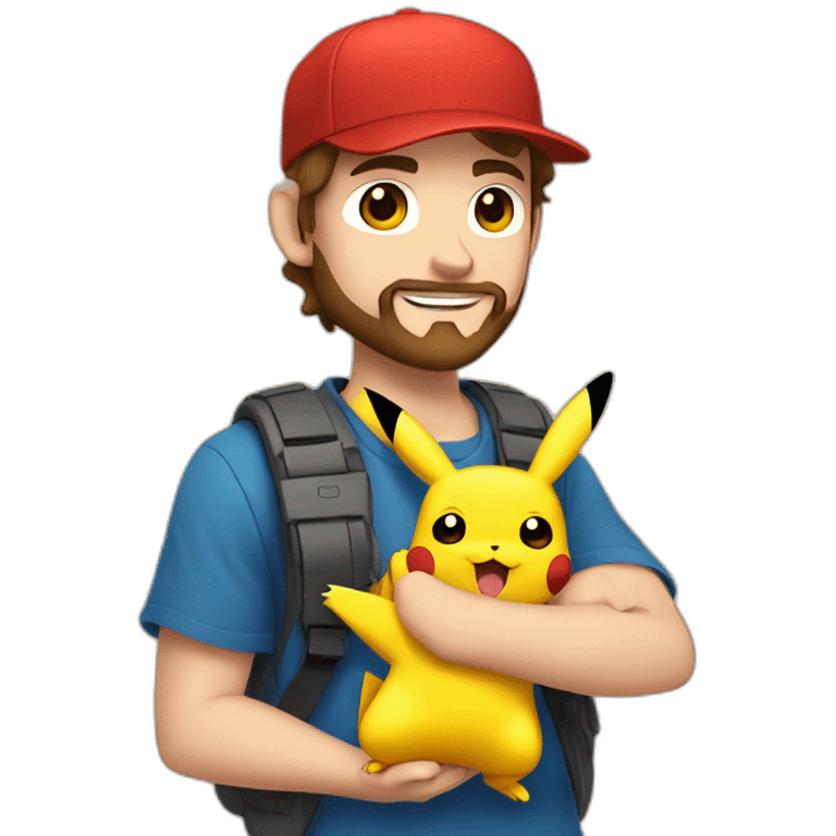 white man with brown hair and beard and a red cap, holding and a pikachu pokemon emoji