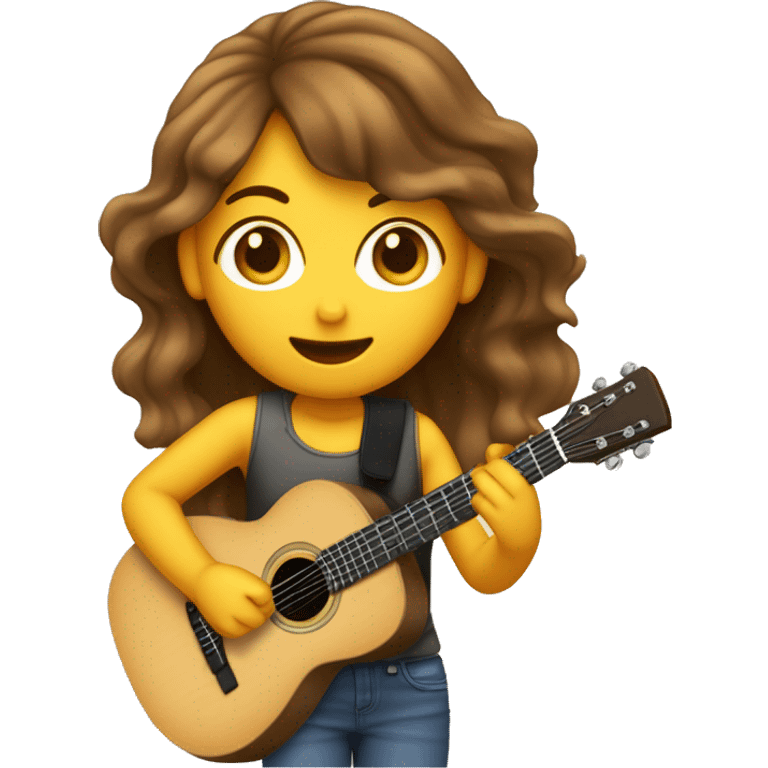 Une Femme aux cheveux brun ondulé qui chante dans un micro et joue de la guitare  emoji