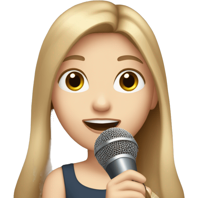 a girl with long brown hair, hazel eyes, pale skin, singing into a microphone emoji