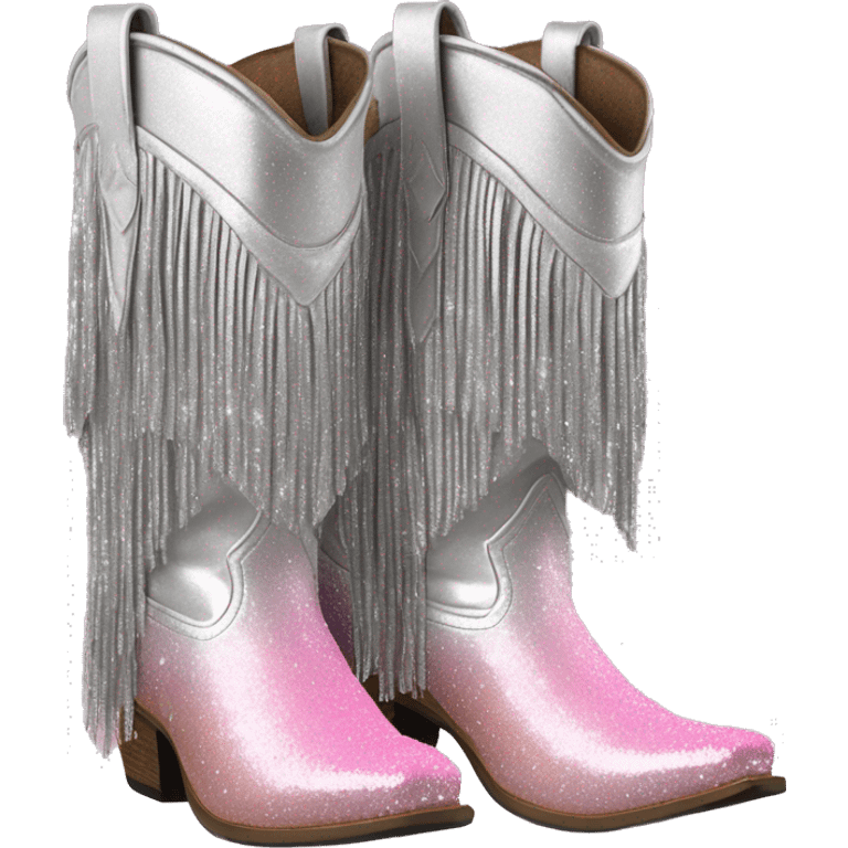 Realistic silver and pastel pink ombre pair of fashion cowgirl boots with sparkly shiny glitter fringe on them. emoji