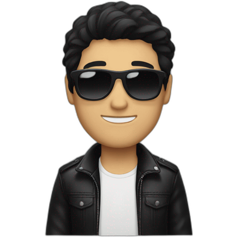 black hair white guy wearing black jacket and black sunglasses emoji