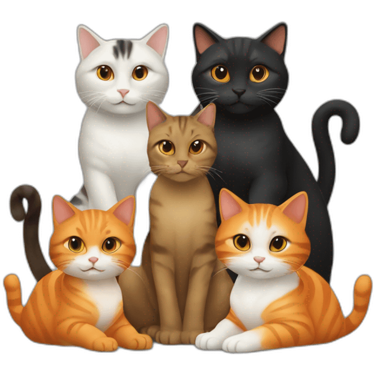 A group of cats, 3 are black, 1 is orange and white, 1 is orange, and 1 is tortoise colored emoji