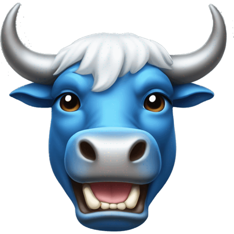 bull head that has a slight metallic shimmer of silver and blue colors. The bull's tongue is sticking out and teasing emoji