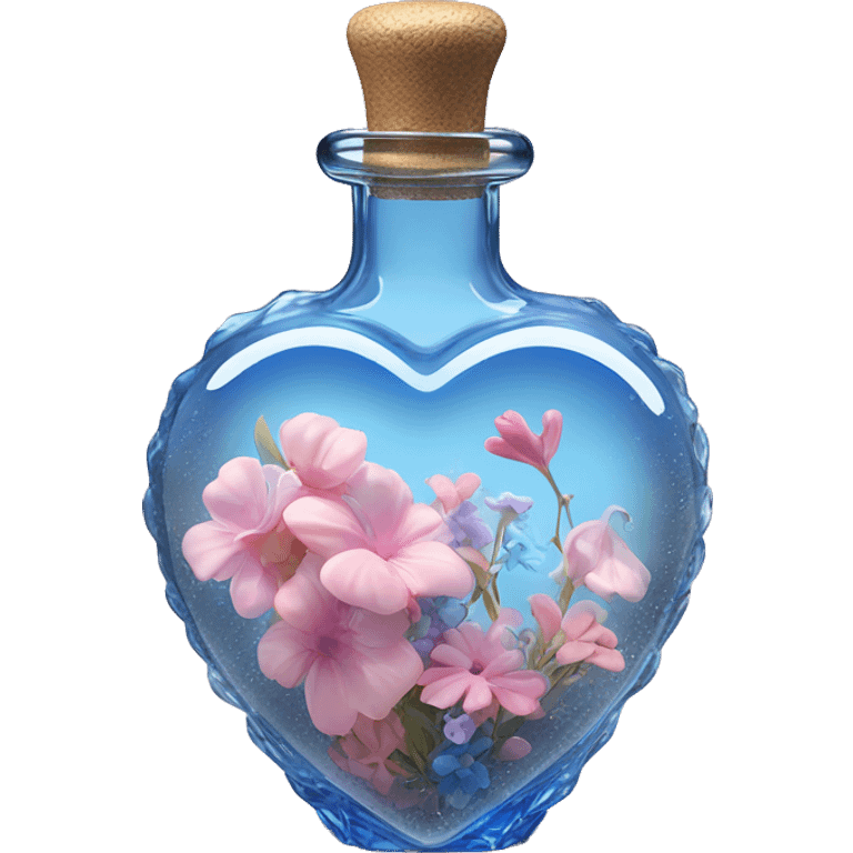 Antique oil heart bottle made of crystal glass of gentle colors of the blue and pink, a living flower fairy sits at the bottom of the bottle emoji