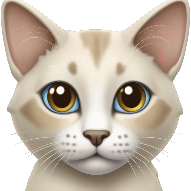 Thai breed adult cat with a light cream-brown body, dark gray nose and face, ears, and paws. sharp ears, and striking light blue eyes  emoji