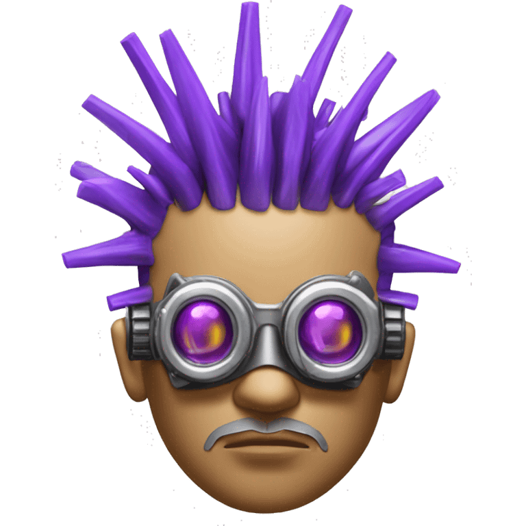 Purple mohawk cyborg head with silver steampunk goggles, goatee and circuits emoji