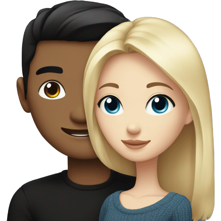 Blonde girl with blue eyes in black sweater and an east asian man with black hair and black eyes hugging emoji