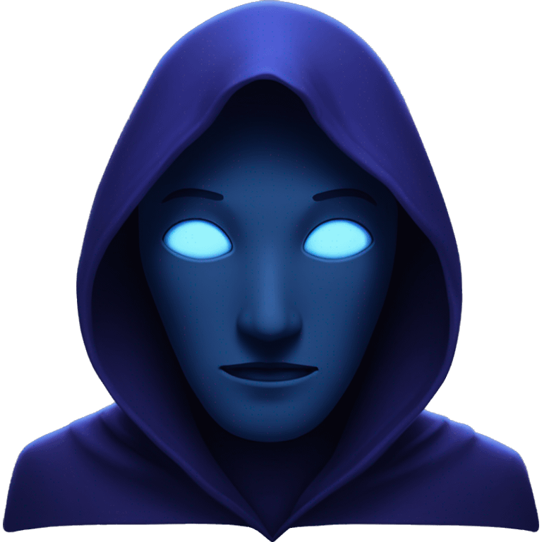 A dark hooded being with a dark blue and purple color scheme with no face, there are 3 vertical blue glowing lines where a face should be emoji